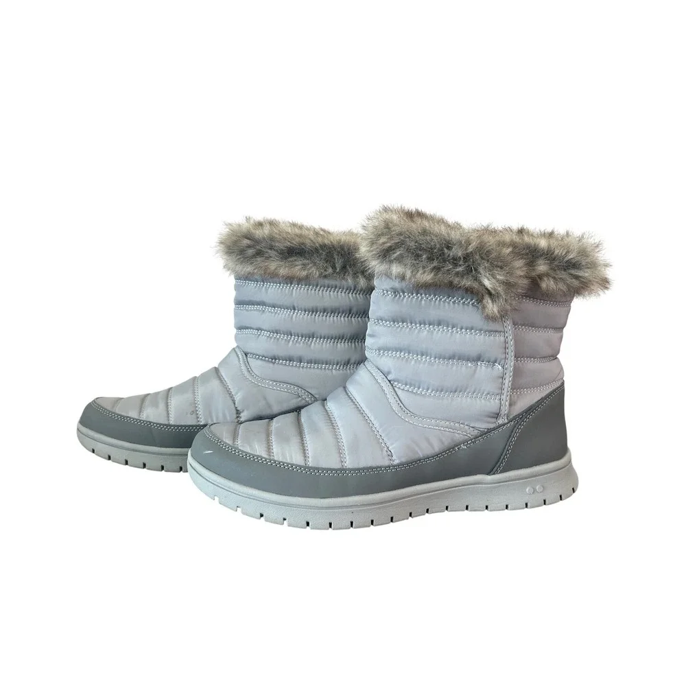 Ryka Suzy Womens Grey Quilted Puffer Snow Boots Faux Fur Trim Size 8.5M